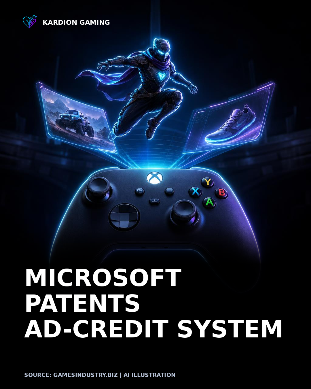Kardion Gaming AI illustration for: Microsoft files patent for "ad-credit" system to show ads on PC and Xbox without disrupting gameplay